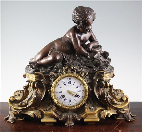 Joseph Silvani of Paris. A mid 19th century French bronze and ormolu mantel clock, 15in.